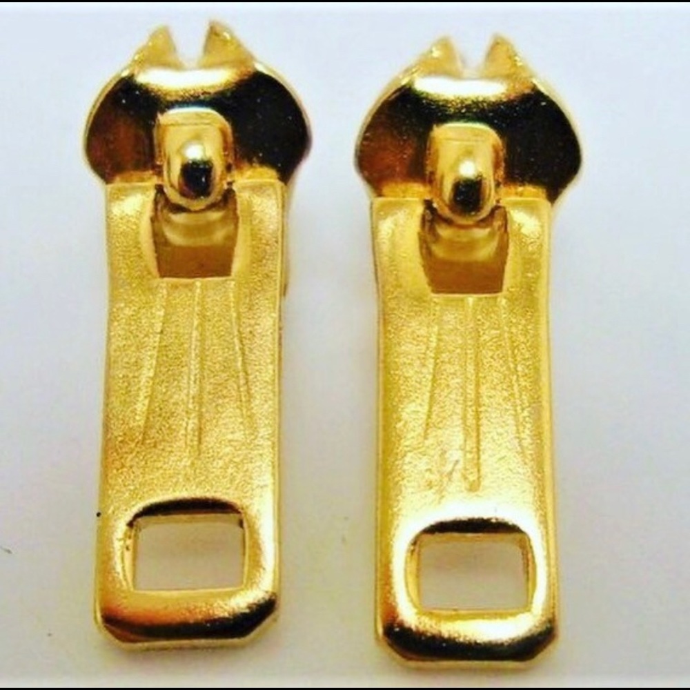 Unique, golden, zipper pierced earrings. 0.75” in length, pull zip earring.